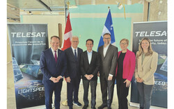At the announcement of Telesat’s new Gatineau campus, from left to right: Steven MacKinnon, M.P. for Gatineau and federal Minister of Employment; Stéphane Lauzon, M.P. for Argenteuil – La Petite-Nation and Parliamentary Secretary to the Minister of Citizens’ Services; Dan Goldberg, Telesat CEO; Michel Forest, Telesat Chief Technology Officer; Sophie Chatel, M.P. for Pontiac-Kitigan Zibi; and Maude Marquis-Bissonette, Mayor of Gatineau. Photo: Jason Hanna