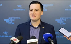 Edmond Leclerc, Buckingham District Councillor, during the announcement of his second term during the press scrum (April 30, 2025). Photo: Screenshot